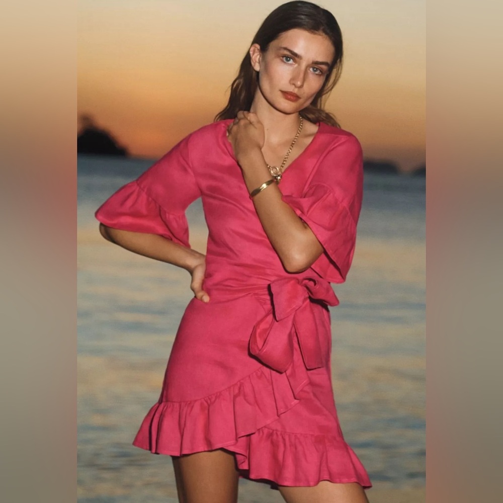 NWT Anthropologie 4our Dreamers Women's Pink Linen  Wrap Dress Size Large - Picture 2 of 11